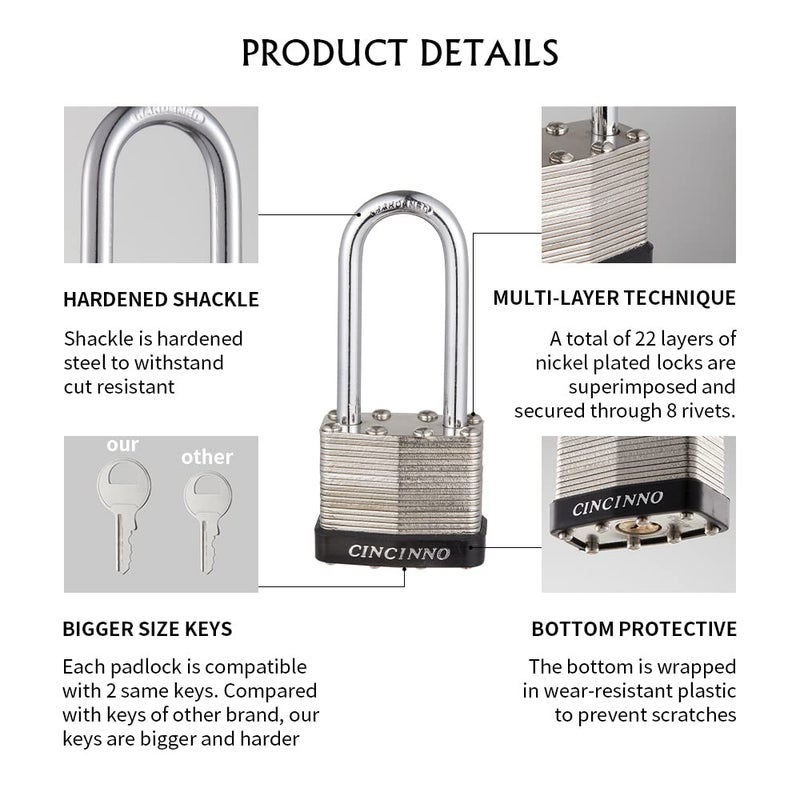 CINCINNO 40mm Keyed Alike Nickel Plated Laminated Steel Padlock, 1-9/16" Wide Body 2-inch Long Shackle Padlocks with Keys Pack of 12 - Image 3